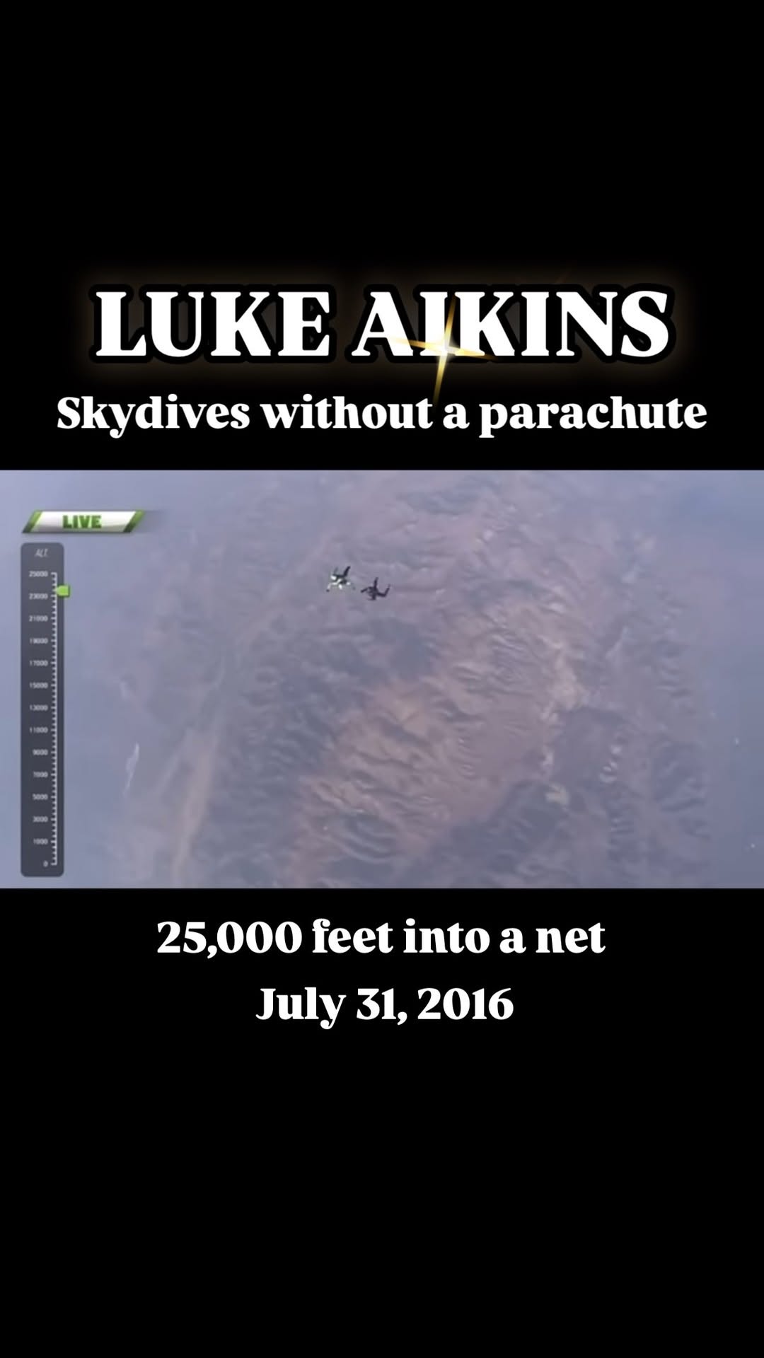 On July 31st, 2016 skydiver @lukeaikins made history by being the first person to jump from 25,000 feet and land without a parachute.